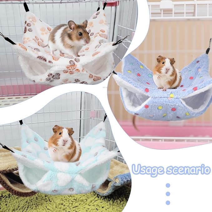 4 Pack Small Animal Hammock, 11.4x11.4 Inch Guinea Pig Rat Ferret Hanging Bed with Metal Hooks, Fleece Cage Accessories for Chinchilla Sugar Glider, 4 Colors