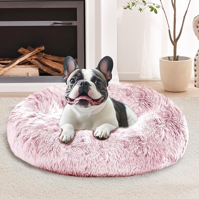 JOLLYVOGUE Small Dog & Cat Beds for Indoor Cats, Donut Cuddler Warming Soft Dog Beds with Anti-Slip Bottom, Round Calming Fluffy Plush Faux Fur Cushion Bed for Small Dogs (23", Smoke Pink)