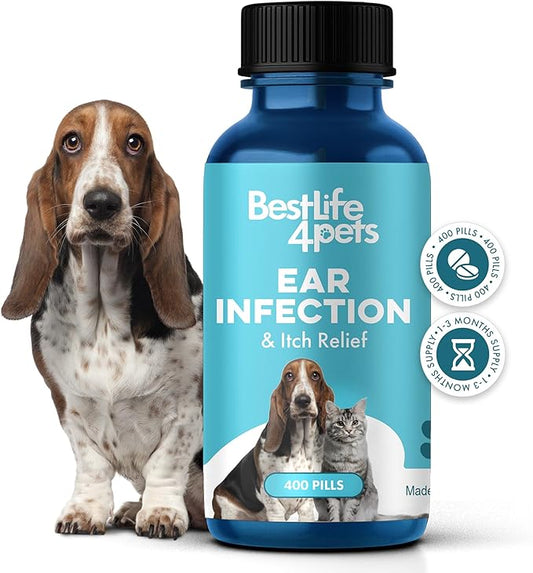 Itch Relief and Ear Infection Treatment for Dogs & Cats, Natural Ear Mites Treatment for Cats and Dogs Soothes Itchy Ears, Reduces Swelling, Otitis, Pain & Inflammation, 400 Easy to Give Tiny Pills