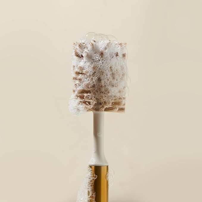 Ionic Bottle Brush, Magnetized to Stand Upright, Stainless Steel with Replaceable Head, Brass/Gold
