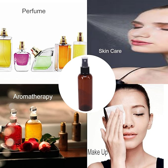 12 Pack 3.3 oz Fine Mist Spray Bottle Amber Plastic Spray Bottles For Essential Oils, Perfumes, Alcohol, Travel Bottle, Refillable Containers with Funnels, Chalk Labels, Pen