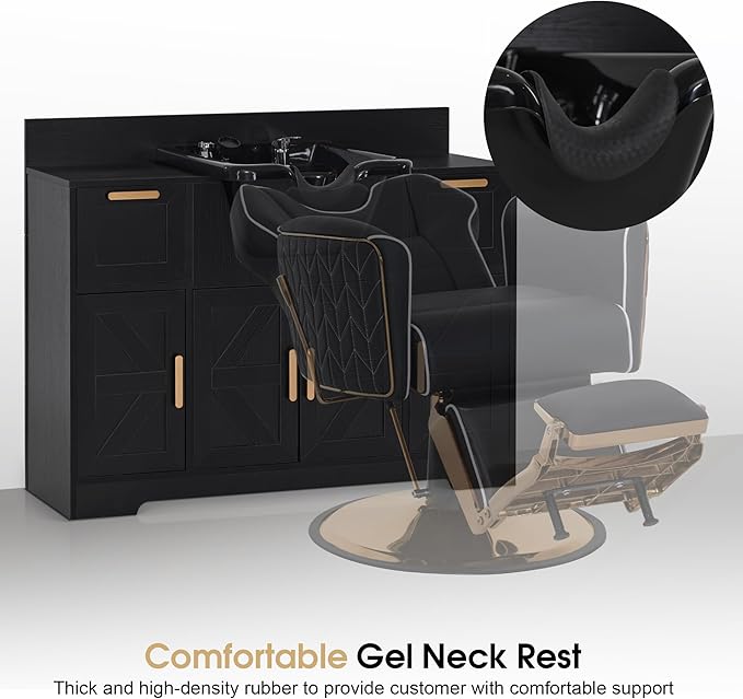 BarberPub Portable Shampoo Station, Shampoo Bowl with Cabinet & Drawer, Salon Geometric Finish Station with Sprayer Faucet, Barber Storage Equipment with Hair Wash Backwash Sink 3439 (Black)