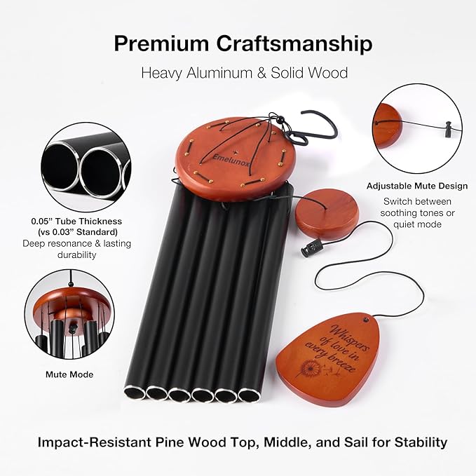 Inspirational Wind Chimes for Outside – Deep Tone Chimes with Wooden Sail | Outdoor Hanging Decor for Patio & Garden | Unique Designs, Healing Gift of Peace & Comfort (Black, 37 Inch)