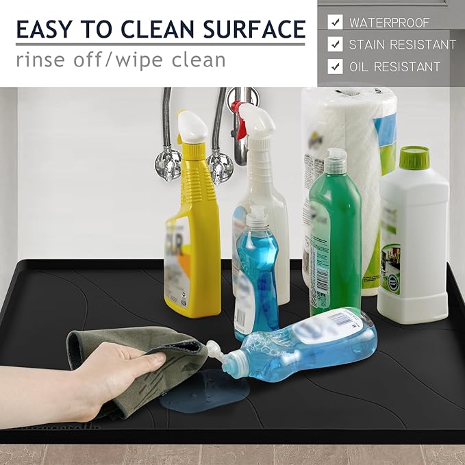 Heavy Duty Silicone Under Sink Mats for Kitchen Waterproof 40" x 19", Extra Thick Under Sink Rubber Mat Drip Tray, Raised Edge Under Sink Liner,Prevent Drips, Leaks, Spills,Black