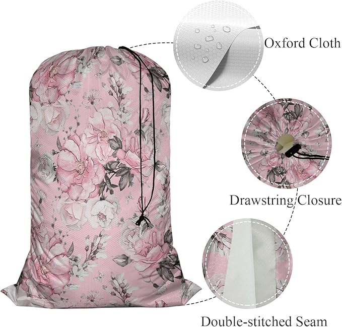 Swono Watercolor Flowers Extra Large Laundry Bag with Drawstring Closure 28"x40", Floral Peonies Rose Leaves Petal Romantic for Home, Dorm and Apartment Dwellers, Pink