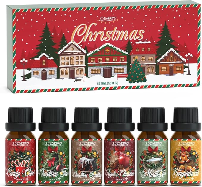 SALUBRITO Christmas Fragrance Oils Set, Winter Essential Oils for Diffuser, Candle Making, Scented Oils Gift - Candy Cane, Christmas Tree, Christmas Pudding, Apple Cinnamon, Gingerbread, Mistletoe