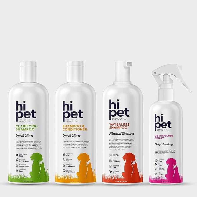 Hi Pet Healthy Hair Set, Clarifying, Conditioner, Waterless Shampoo, Detangling Easy Combing Spray for Dogs and Cats