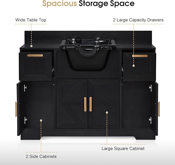 BarberPub Portable Shampoo Station, Shampoo Bowl with Cabinet & Drawer, Salon Geometric Finish Station with Sprayer Faucet, Barber Storage Equipment with Hair Wash Backwash Sink 3439 (Black)