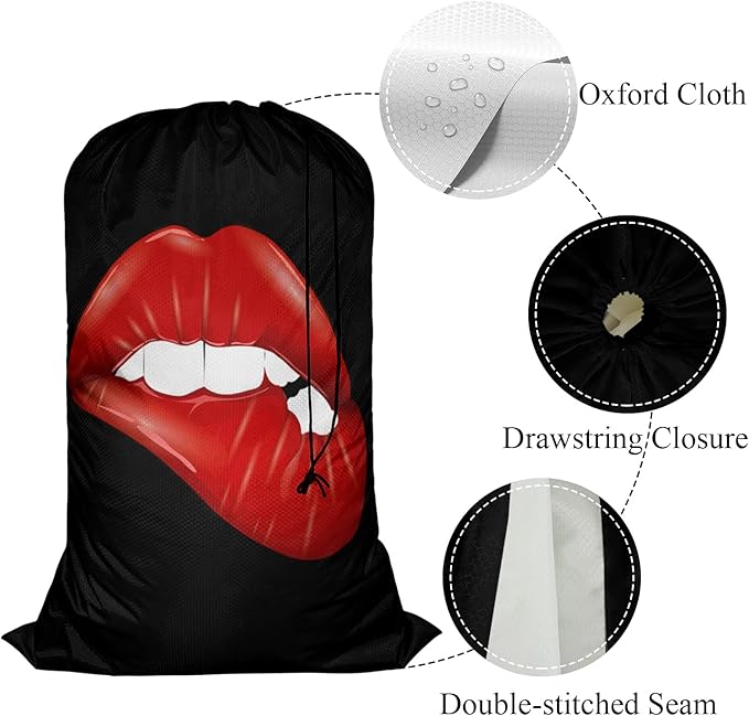Swono Sexy Red Lip Laundry Bags With Drawstring XL Travel Storage Bags 28"x40", Heavy Duty Multi Use, White Teeth Washable Dirty Clothes Organizer, Easy Fits Laundry Hamper Basket, Oxford Cloth, Black