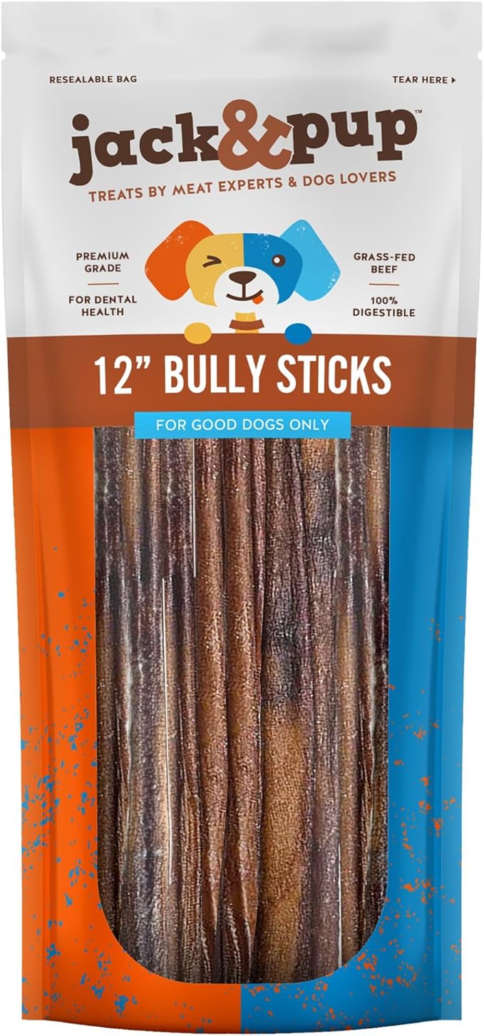 Jack&Pup 12-inch Bully Sticks for Dogs (10 Pack) All Natural Pizzle Sticks for Dogs | Long Lasting Bully Sticks for Medium to Heavy Chewers