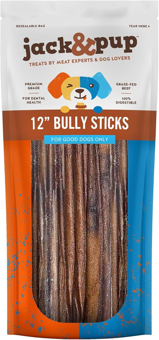 Jack&Pup 12-inch Bully Sticks for Dogs (10 Pack) All Natural Pizzle Sticks for Dogs | Long Lasting Bully Sticks for Medium to Heavy Chewers
