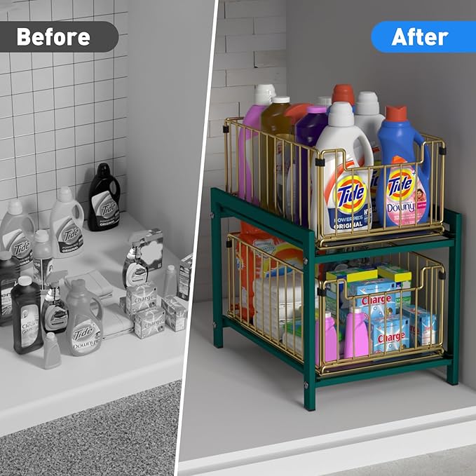 2 Tier Sliding Basket Drawer Organizer, Lxmons Pull Out Under Sink Cabinets Organizers, Metal Home Shelf for Bathroom or Kitchen, Sliding Countertop or Pantry Storage Shelf, Large Gold Green