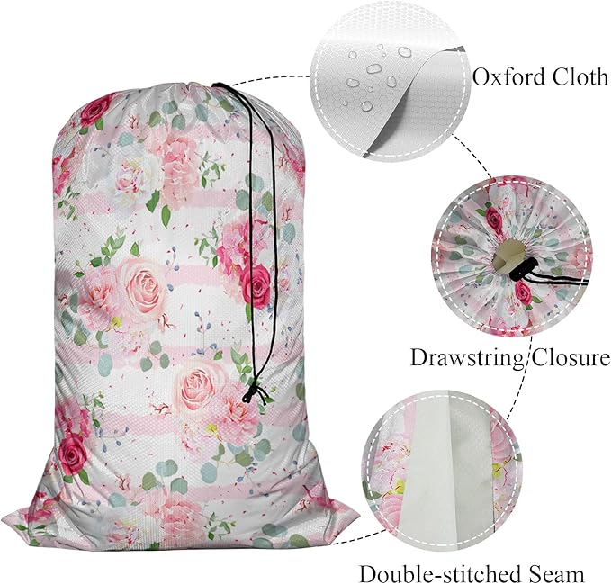 Swono Pink Rose Dining Toy Storage Heavy Duty Basket Laundry Bag with Drawstring Romantic White Peony Bouquets Folding Organizer for Travel Washing Machine, 28x40 Inch, Striped