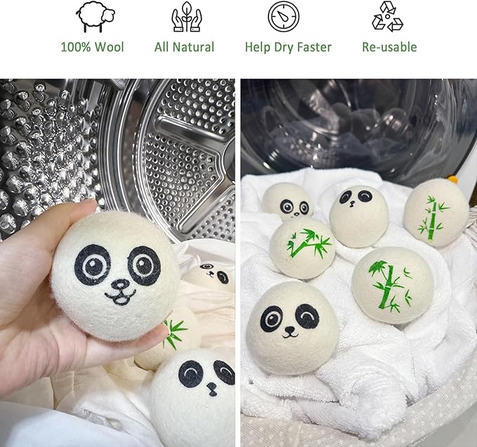 Wool Dryer Balls Laundry Reusable, 100% Natural New Zealand Wool Balls for Dryer, 6 in 1 Pack (Panda)