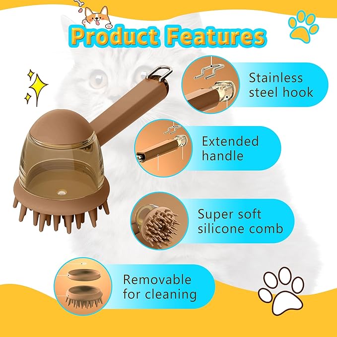 Pet Bath Brush for Dogs & Cats - Grooming Brush with Built-in Shampoo Dispenser - Massage Wash Brush for Long & Short Hair(Brown)