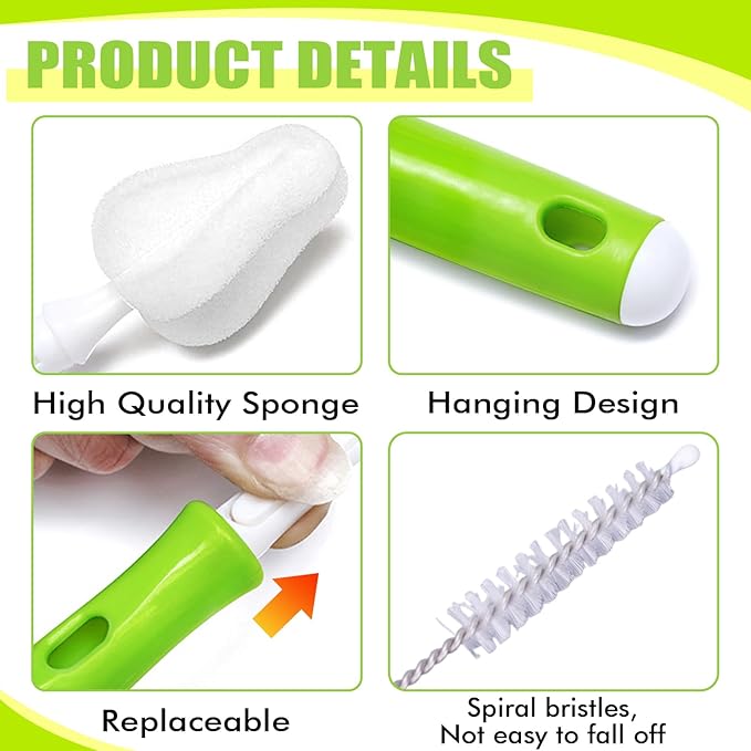 INVODA 24 PCS Sponge Nipple Bottle Brushes, Baby Bottle Brush with 8 PCS Nipple Cleaner, 8 PCS Replacement Heads and 8 PCS Straw Brushes (White)
