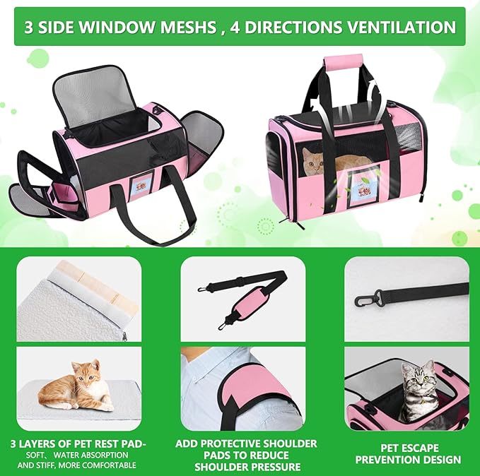 20" Large Cat Carrier Soft Sided for Cats Under 25 lbs, Folding Dog Carrier 20" Carrier for 2 Cats Travel Carrier - Pink