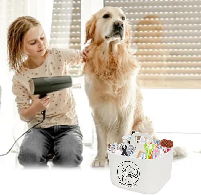 Dog Storage Organizer for Grooming Supplies,4-Compartment Caddy for Dog Cat Grooming Kit,Pet Stuff Storage,Ieal for Shampoo,Trimmer,Clipper,Combo,Brush-Modern Minimalist White