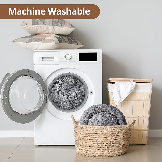 JOLLYVOGUE Small Dog & Cat Beds for Indoor Cats, Donut Cuddler Warming Soft Dog Beds with Anti-Slip Bottom, Round Calming Fluffy Plush Faux Fur Cushion Bed for Medium Dogs (31", Smoke Black)