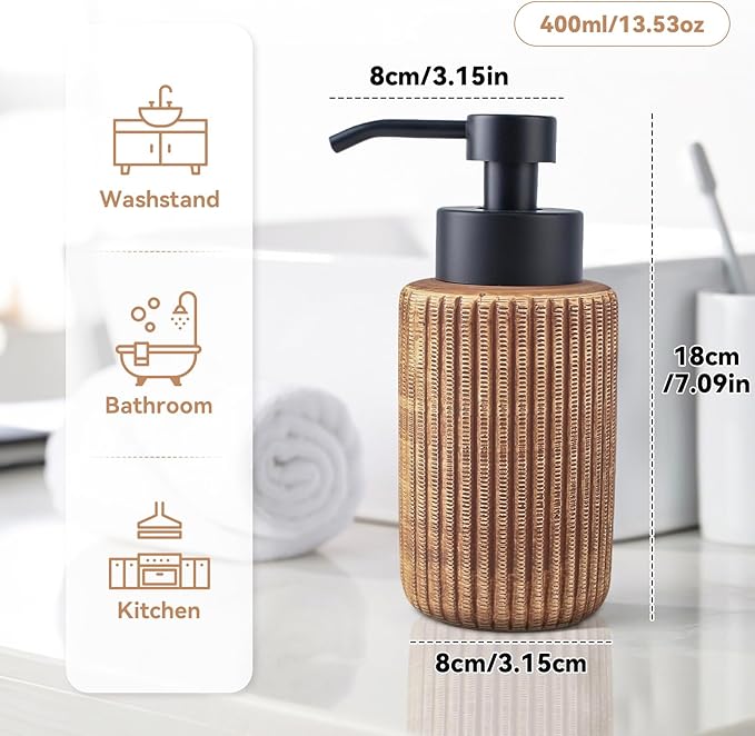 Comeon Hand Soap Dispenser, 400ml/13.5oz Ceramic Bathroom Dish Soap Dispenser for Kitchen Sink Brown Refillable Soap Dispensers in Kitchen Countertop Shower (13.5oz,Light Color)