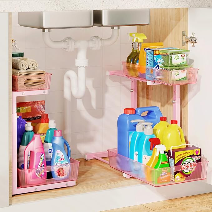 Under Sink Organizer, Under Sink Organizers and Storage with Adjustable Height and PET Basket, Pull Out Under Cabinet Organizer for Counter Kitchen, Vanity, Laundry, Pantry (2Packs)