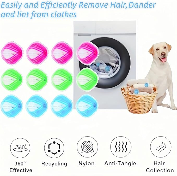 12-Pack Pet Hair Remover for Laundry, Reusable Dog & Cat Hair Catcher Balls for Washing Machine & Dryer, Lint Fur Dander Remover, Laundry Pet Hair Catcher for Clothes Bedding