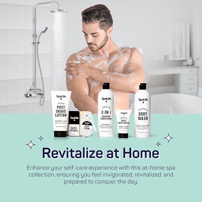 SpaLife 7-Piece Men's Body Care Gift Set | Mens Gift Set with 2-in-1 Shampoo & Conditioner, Body Wash, Moisturizer, Post-Shave Lotion, Sponge & Foot Stone | Christmas Gifts for Men | 7-Piece Bundle