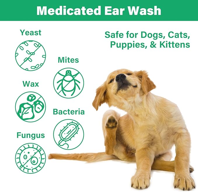 Ear Cleaner for Dogs and Cats,Dog Ear Infection Treatment for Itch Relief, Cleans The Ear Canal from Debris and Buildup Removes Wax, Odor with Aloe 4 Fl oz