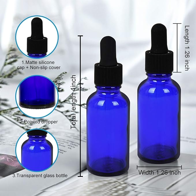 June Fox Glass Dropper Bottle,99 Pack 1oz Blue Glass Bottles with Droppers and Black cap for Essential Oils, Lab Chemicals, Perfumes
