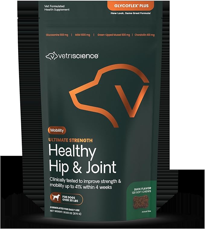 VetriScience Ultimate Strength Hip & Joint Supplement for Dogs, GlycoFlex Plus – MSM, Chondroitin & Green-Lipped Mussel Chews for Mobility, Flexibility, Comfort & Support, Duck Flavor, 120 Cnt