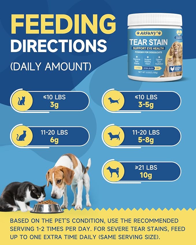 Tear Stain Remover for Dogs & Cats - Pet Tear Stain Supplement - Daily Support for Overall Eye Health - with Lutein, Zinc, Lactoferrin, Vitamins - Chicken Flavor Powder, for All Breeds