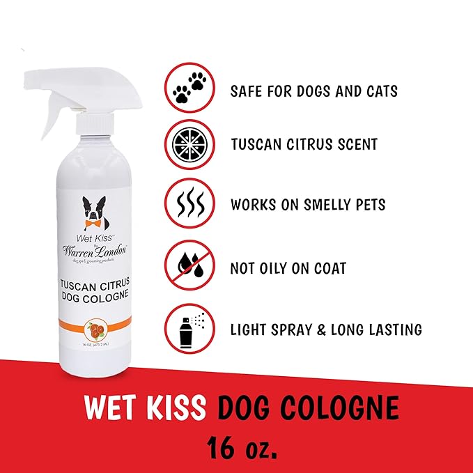 Warren London Wet Kiss Dog Cologne Spray – Tuscan Citrus | Long-Lasting Odor Eliminator & Coat Freshener for Dogs & Cats | 16 oz