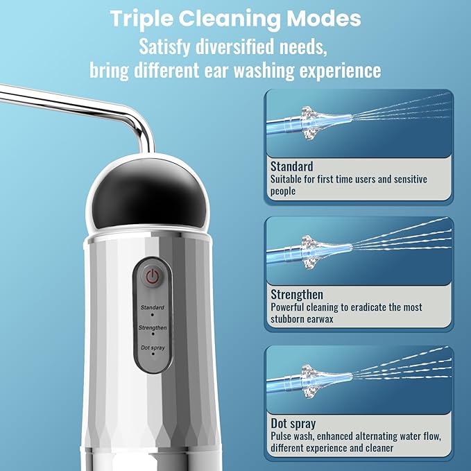 Ear Wax Removal, Electric Ear Irrigation Flushing System with Pulse Mode, Water Ear Cleaning Kit, Portable Ear Cleaner with Basin and Resuable Nozzles for Adults-Silver