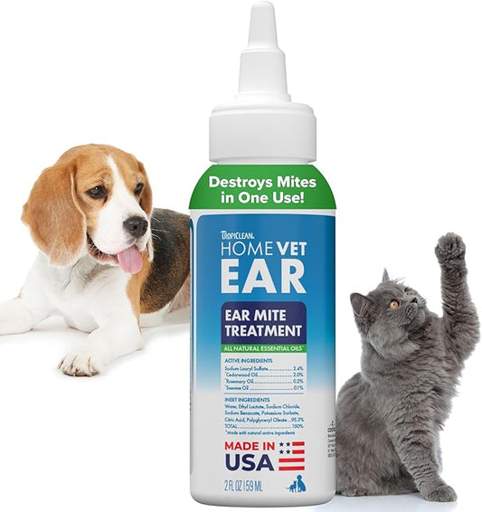TropiClean HomeVet Dog Ear Cleaner, Ear Mite Treatment for Cats & Dogs, Ear Cleaning Solution Rinses on Contact, USA Made, 2 oz