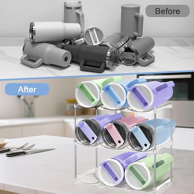 Water Bottle Organizer - Stanley Cup Holder for Cabinet Stackable Water Bottle Holder, Kitchen Pantry Organizers and Storage for Stanley Tumbler 40oz, Tumbler Storage Organizer, 2 pack