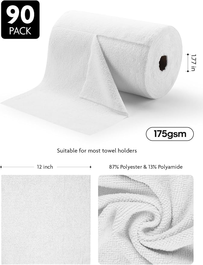 Fantasticlean Microfiber Cleaning Cloth Roll -90 Pack, Tear Away Microfiber Towels, 12" x 12", Reusable, Washable, Scratch Free, Ultra Absorbent Dishcloth for Car, Home Supplies, Pet, Kitchen (White)