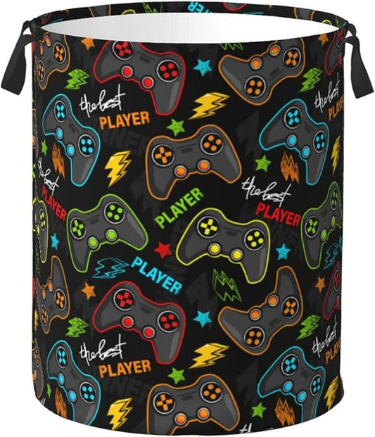 Gaming Joysticks Laundry Hamper Bag With Waterproof Liner - Video Game Controller Round Laundry Basket Foldable Clothes Storage Organizer For Bathroom Bedroom Nursery Dorm, S-16.5"X 13.8"