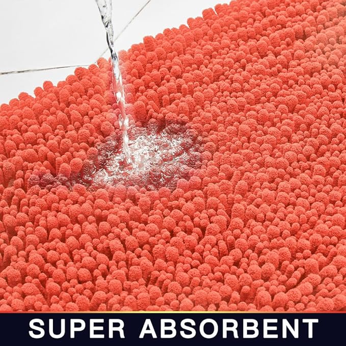 Walensee Bathroom Rug Non Slip Bath Mat (24x17 Inch Coral) Water Absorbent Super Soft Shaggy Chenille Machine Washable Dry Extra Thick Perfect Absorbant Best Small Plush Carpet for Shower Floor