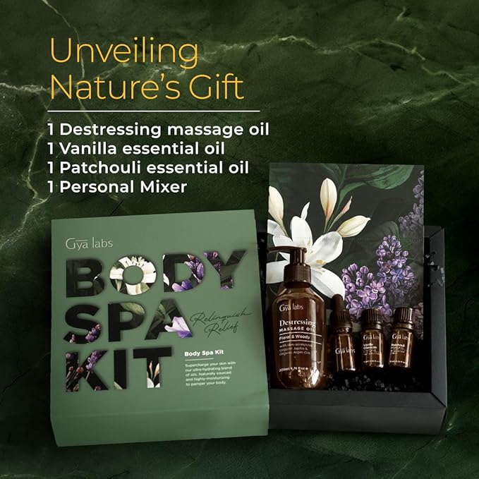 Gya Labs Home Spa Body Essential Oil Set - Natural Scents of Vanilla, Patchouli & DeStressing Massage Oil for Women (Set of 4) - Supercharge Your Skin & Body with Relaxation