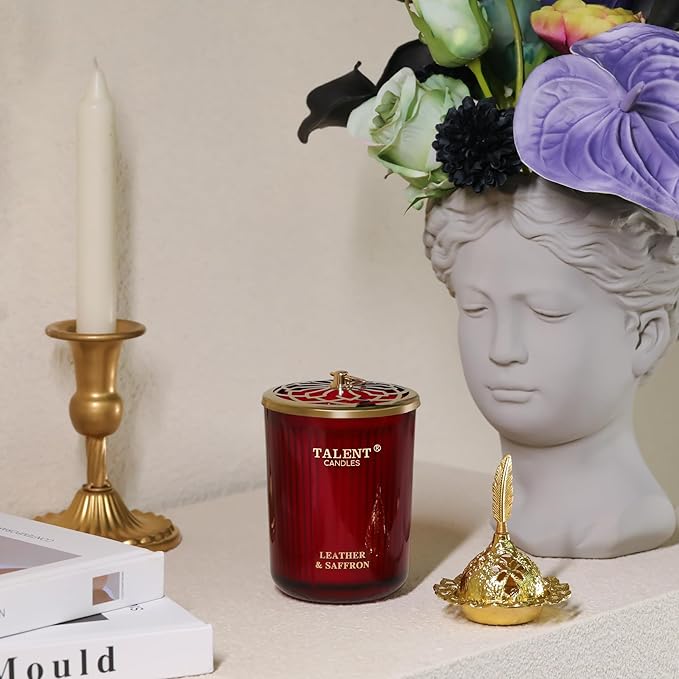 Jar Candles for Home Scented - Aromatherapy Candles Gifts for Women & Men - Natural Soy Candle - 8.4oz Traditional Style - Leather & Saffron