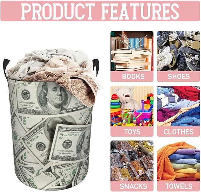 Funny Hundred Dollars Money Bills Laundry Hamper Bag With Waterproof Liner - Round Laundry Basket Foldable Clothes Storage Organizer For Bathroom Bedroom Nursery Dorm, S-16.5"X 13.8"