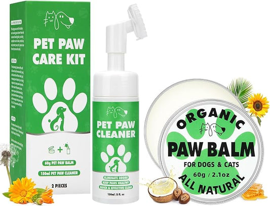 Dog Paw Care Kit, No-Rinse Foam Dog Paw Cleaner with Silicone Brush & Natural Lick-Safe Dog Paw Balm for Heal Dry Cracked Paws & Nose for Dogs & Cats