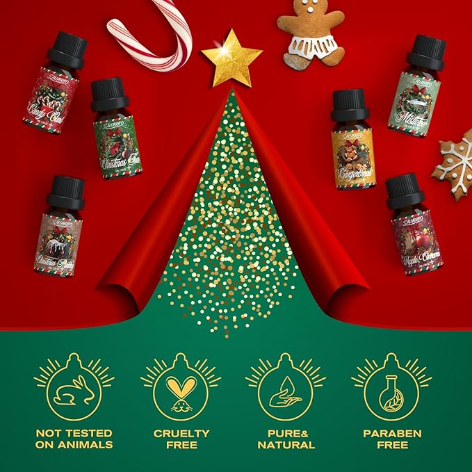 SALUBRITO Christmas Fragrance Oils Set, Winter Essential Oils for Diffuser, Candle Making, Scented Oils Gift - Candy Cane, Christmas Tree, Christmas Pudding, Apple Cinnamon, Gingerbread, Mistletoe