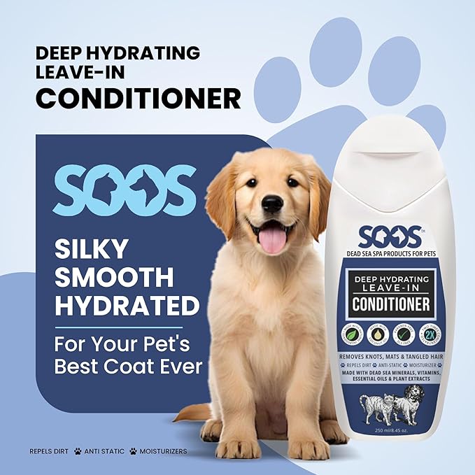 Soos Pets Deep Hydrating Leave-in Conditioner for Dogs and Cats | Natural Dead Sea Minerals & Vitamins | Skin Moisturizer, Polish Deeply, Enhance Coat Shine & Softness - 250ml