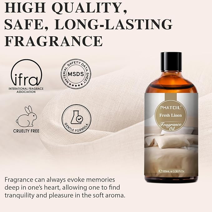 100ML/3.38fl.oz Fresh Linen Fragrance Oils, PHATOIL Fresh Linen Oil for Diffuser, Humidifier, Scented Oils for DIY Soap, Candle Making with Premium Glass Dropper