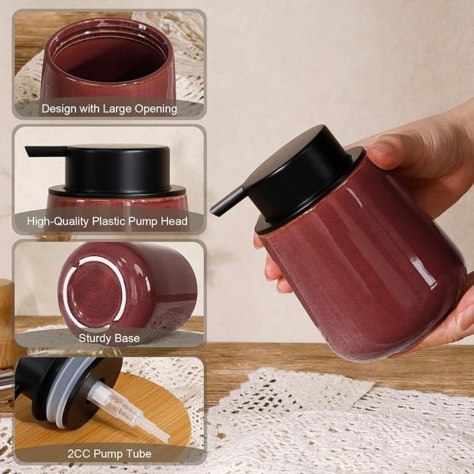INGOFIN Ceramic Lotion Dispenser - 12 oz Refillable Hand Soap Dispenser Bathroom, Modern Liquid Soap Dispenser with Pump, Dish Dispenser for Kitchen,Kiln-Glazed Red Brown