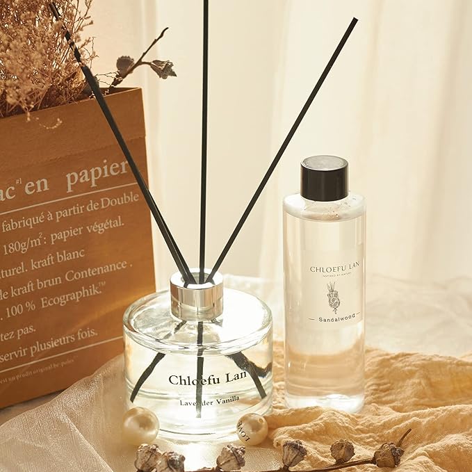 Chloefu LAN Sandalwood Essential Oil Scented Diffuser Oil 200ml/6.76 fl oz for Home, Scented Oils Diffuser Refill, Diffuser Sticks, Bathroom Diffuser, Best for Aromatherapy, SPA and Home, 0% Alcohol
