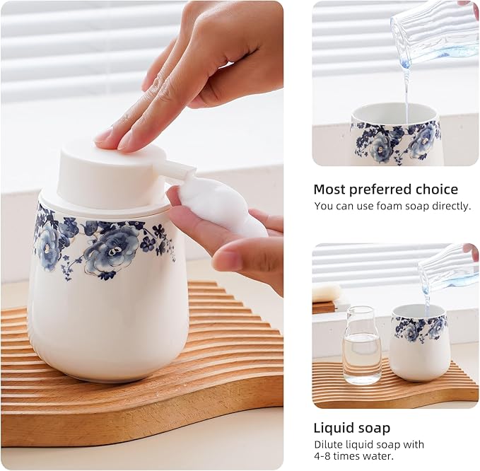 Soap Dispenser, Ceramic Foaming Soap Dispenser with Easy-to-Press Pump for Bathroom 10.8 oz refillable Liquid Hand soap Dispenser for Hand sanitizers, lotions (Blue Flower Foam Dispenser)