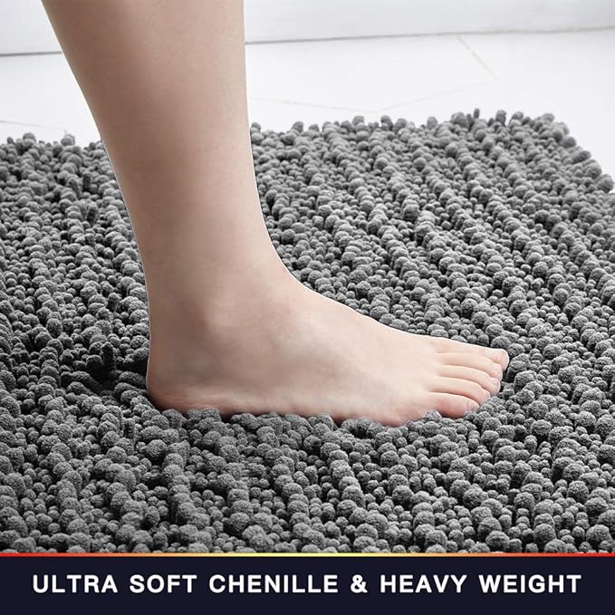Walensee Bathroom Rug Non Slip Bath Mat (44x24 Inch Grey) Water Absorbent Super Soft Shaggy Chenille Machine Washable Dry Extra Thick Perfect Absorbant Best Large Plush Carpet for Shower Floor