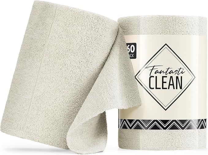 Fantasticlean Microfiber Cleaning Cloth Roll -60 Pack, Tear Away Paperless Towels, 8" x 8", Reusable Washable Rags, for Home Kitchen, Pet, Office, Indoor Outdoor, Compact and Portable (Off-White)